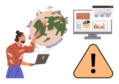 Kadın elinde dizüstü bilgisayarla küreyi işaret ediyor. Yakınlarda bir uyarı işareti olan ekrandaki çizelgeleri izliyor. Küresel iş, lojistik, risk uyarısı, veri analizi, ticaret, e-ticaret, pazar için ideal