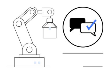 Konuşma baloncuklarıyla bitişik robot kolu. İşbirliği, otomasyon ve kalite güvencesini sembolize ediyor. Teknoloji, yapay zeka, endüstri, işbirliği, yenilik, robot süreci için ideal