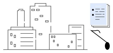 Şehir gelişimini, hukuki süreçleri ve gayrimenkulleri vurgulayan bir yığın belgenin yanında kentsel bir siluet oluşturulmuş binalar. Kentsel gelişim, mimari ve planlama için ideal