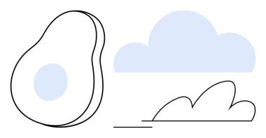 Tohumlu yarım avokado, soyut bulut ve çizgilerin yanında, doğa, sağlık ve tazeliği işaret ediyor. Gıda, sağlık, basitlik, sürdürülebilirlik, çevre yaratıcılığı için ideal modern