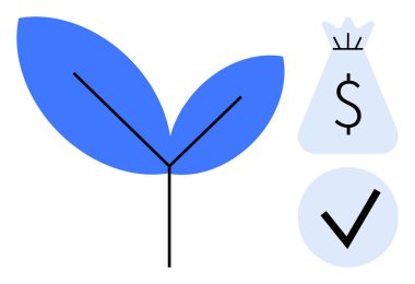 Para çantası ve işaretli mavi yaprak sembolü, büyümeyi, finansal başarıyı, çevreye duyarlı işi ve sorumlu yatırımı vurguluyor. Finans, sürdürülebilirlik, girişimcilik ve yeşil için ideal