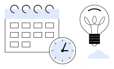 Tarih kareleriyle takvim, saati gösteren saat, fikirler için ampul ve bulut. Basit bir planlama, planlama, beyin fırtınası, yenilik, verimlilik zaman yönetimi ve yaratıcılık için ideal