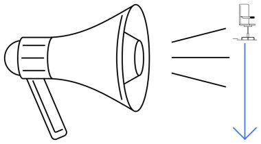 Minimalist megafon ses dalgalarını oklu bir sandalyeye yansıtıyor. Etkisini, yönünü ya da otoritesini gösteriyor. Liderlik, iletişim, nüfuz, yön, rehberlik, motivasyon için ideal