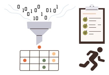 Girdi akışı bir huniden bir ızgaradaki düzenli çıktılara filtrelendi. Kontrol listesi ve çalışan kişi simgesini içerir. Veri işleme, organizasyon, verimlilik ve otomasyon için ideal