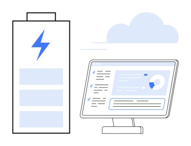 Mavi yıldırımlı pil ve analitik gösterge paneli gösteren masaüstü monitörü. Enerji yönetimi, veri görselleştirme, sürdürülebilirlik, akıllı teknoloji, bulut hesaplama, pil için ideal