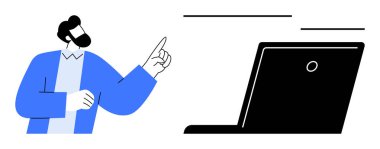 Bir dizüstü bilgisayarı işaret eden adam, işbirliğini vurguluyor, çevrimiçi öğrenme, iletişim, dijital araçlar, sanal çalışma, sunum, teknoloji yeniliği. Takım çalışması için ideal ya da basit düz