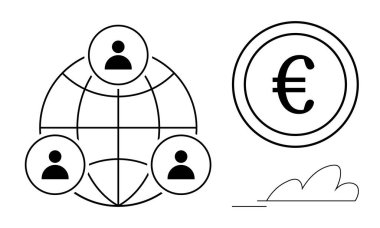 Küresel bağlantıları temsil eden kullanıcı simgelerine sahip dünya, finansal etkileşimi vurgulayan Euro sikkesi. Takım çalışması için ideal, küreselleşme, iletişim, ekonomi, ticaret, finans sektörü. Minimalist
