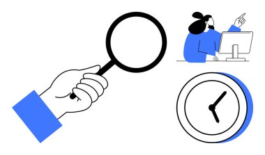 El ele tutuşan büyüteç, bilgisayarda çalışan kadın ekranı işaret ediyor, minimalist saat. Arama, araştırma, zaman yönetimi, verimlilik, odaklanma, üretkenlik hedefi takip etmek için ideal basit