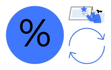 Büyük yüzde işareti, derecelendirme yıldızlı tablet ve gelişmeyi, değerlendirmeyi, geri bildirimi, hesaplamayı sembolize eden dairesel oklar. İş, finans, pazarlama eğitimi kullanıcısı deneyimi için ideal