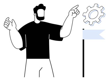 Hedef yönelimi ve yönetim becerilerini sembolize eden bir bayrağın ortasındaki vitese odaklanan bir adam. Liderlik için ideal, takım çalışması, strateji, yenilik, hedefler, süreç, başarı. Basit bir daire.