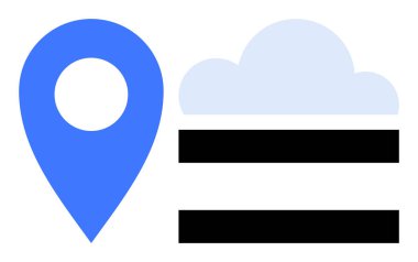 Mavi lokasyon iğnesi ışık bulutunun yanında ve üç siyah yatay çizgi. Haritalar, navigasyon, bulut depolama, hava durumu güncellemeleri, veri senkronizasyonu, yer belirleme ve modern teknoloji için ideal. Basit düz