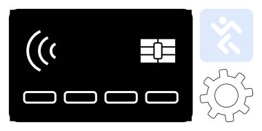 Çipli temassız kart, NFC dalgaları, insan ikonu ve dişli sembolü, fintech, dijital ödeme, hareketlilik, yenilikçi güvenlik otomasyonu üzerine odaklı. Finansal hizmetleri temsil etmek için ideal
