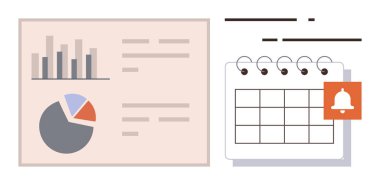 Bar grafik, pasta grafiği, metin, takvim ve planlama, zamanlama ve istatistiksel analizleri gösteren uyarı çanı. İş ve organizasyon stratejisi zaman yönetimi analizleri için ideal