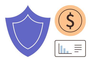 Kalkan güvenliği temsil eder. Dolar parası finans ve analitik için bar şemasını sembolize eder. Finans, güvenlik, iş, yatırım, koruma yönetim temaları için ideal. Basit bir düz metafor.