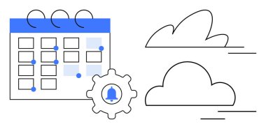 İşaretli tarihleri gösteren takvim, bildirim zilli dişli simgesi ve bulut sembolleri. Program, hatırlatıcı, bulut depolama, zaman yönetimi, verimlilik planlaması ve takım çalışması için ideal. Basit.