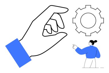 Büyük bir el, dişli çarkın yanında bir jest yapıyor ve biri öne bakıyor. Takım çalışması, strateji, liderlik, verimlilik, yenilik, karar verme, yaratıcı süreç için idealdir. Basit düz metafor