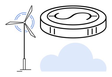 Rüzgâr türbini, madeni para ve bulutu sembolize eden yeşil enerji üretiyor. Sürdürülebilirlik, eko-ekonomi, yeşil teknoloji, yenilenebilir kaynaklar, temiz enerji, mali yatırım için ideal