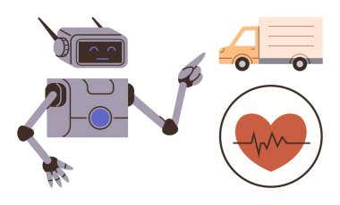 Nabız çizgisi ve teslimat kamyonu olan bir kalbe bakan robot, sağlık, lojistik, yapay zeka ve tıbbi teknolojiyi temsil ediyor. Otomasyon için ideal, sağlık, teknoloji, yapay zeka yeniliği