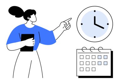 Elinde tablet tutan, saati gösteren, görev organizasyonunu, planlamayı ve zaman yönetimini vurgulayan takvimi olan bir kadın. Üretkenlik, programlama, odaklanma, zaman çizelgesi takibi için ideal