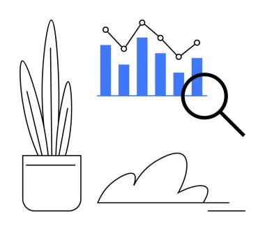 Saksı bitkisi, büyüteç ve büyüme göstergeleriyle birlikte bar tablosu. İş, analiz, araştırma, büyüme, strateji çevre veri görselleştirmesi için idealdir. Basit düz metafor
