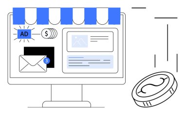 Reklam, e-posta, mağaza önü, dolar işareti, bozuk para içeren bilgisayar ekranı. Dijital pazarlama, e-ticaret, çevrimiçi reklamcılık, iletişim finansmanı satış gelişimi için ideal basit düz metafor