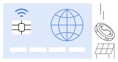 Kredi çipi, kablosuz sinyal, dünya, bozuk para ve güneş paneli küresel bağlantıyı, dijital ödemeyi, yenilenebilir enerjiyi ön plana çıkarıyor. Fintech için ideal, sürdürülebilirlik ağı küresel ticaret yeniliği