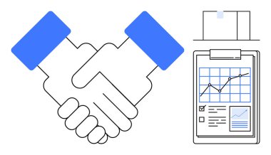 Veri tablosu ve kontrol listesi olan bir panonun yanında işbirliğini temsil eden el sıkışma. Takım çalışması, işbirliği, anlaşma, iş büyümesi, ortaklık, başarı ve basit bir dairede işbirliği için ideal
