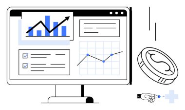 Grafikler, grafikler, arayüz elemanları ile bilgisayar ekranı, dijital para ile etkileşen robotik el. Finans, veri analizi, yapay zeka, kripto para birimi otomasyon fintech yatırımı için ideal. Basit.