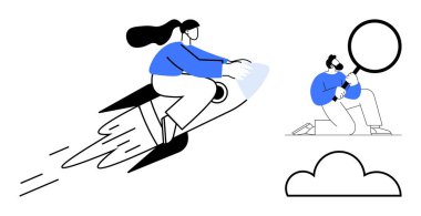 Kadın roketin üstünde hız yapıyor, yenilik ve gelişimi simgeliyor, erkek diz çöküp büyüteçle fikirleri keşfediyor. Yaratıcılık, ilerleme, keşif, büyüme, başarı, takım çalışması, liderlik için ideal