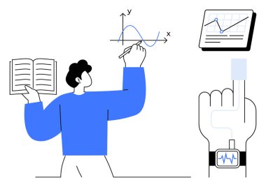 Erkek figürü bir kitap tutarken matematiksel grafik çizer, akıllı adam sağlık verilerini izler, tablet analitik görüntüler. Eğitim, araştırma, teknoloji, yenilik, sağlık ve öğrenim için ideal