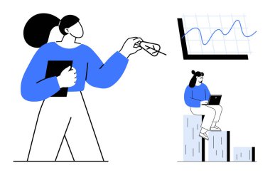 Tabletli bir kadın grafiğe işaret ediyor, diğeri de bar çizelgesinde laptop kullanıyor. Takım çalışması için ideal, veri analizi, strateji, iş büyümesi, planlama, teknoloji başarısı. En az düz metafor