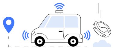 Kablosuz sinyalleri, lokasyon şifresi ve dijital parası olan otomatik çalışan bir araba. Otomasyon, teknoloji, navigasyon, e-ticaret, taşınabilirlik ulaşım yeniliği için ideal. Basit düz metafor