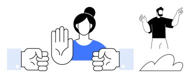 Kadın arka plandaki yumruğu sıkılmış adamı durdurmak ya da aracılık etmek için elini kaldırıyor. Çatışma çözümü, karar verme, müzakere, takım çalışması, sınırlar, rıza, yetki için ideal