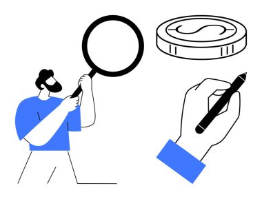 Elinde büyüteç tutan, madeni parayı inceleyen, kalemle çizen bir adam. Para araştırmaları, finansal planlama, yatırım, ekonomi, denetim, iş analizi eğitimi için ideal. Basit düz metafor
