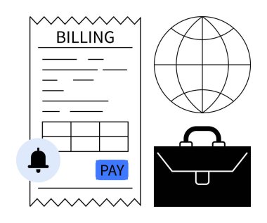Faturalama belgesi ödeme düğmesi ve bildirim simgesi, bağlantıyı temsil eden küre ve üretkenlik için çanta. Finans, ödeme, e-ticaret, iş araçları, bütçe, küresel
