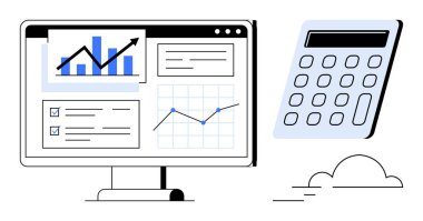 İstatistiksel görseller, grafikler ve dökümanlar ile birlikte bir hesap makinesi ile eşleştirilmiş masaüstü. İş, finans, analitik, planlama, veri yönetimi, üretkenlik hassasiyeti için ideal basit düz metafor