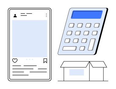 Sosyal posta ile akıllı telefon arayüzü, finansal işlemler için hesap makinesi, sevkiyat için açık kutu. E-ticaret, lojistik, bütçe, planlama, teknoloji, perakende ve çevrimiçi ticaret için ideal