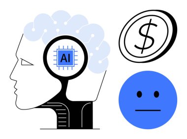 Beyninde yapay zeka çipi olan insan profili dolar işareti, tarafsız yüz. Yapay Zeka, teknoloji, finans, duygu, karar verme inovasyonu nörobilim temaları için idealdir. Basit bir düz metafor.