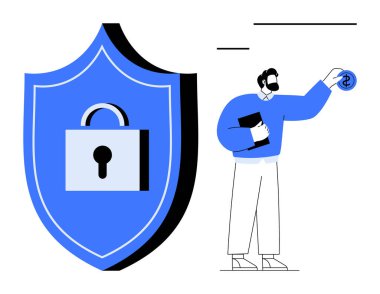 Koruma ve güvenliği temsil eden asma kilidi olan büyük bir kalkan. Para ve defter tutan profesyonel bir figür. Mali güvenlik, veri koruması, siber güvenlik, işletme, tasarruf için ideal