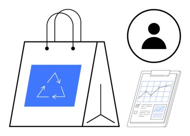 Geri dönüşüm işaretli çevre dostu alışveriş çantası, veri tabanlı analitik pano, kullanıcı simgesi. Sürdürülebilirlik, e-ticaret, tüketici davranışı, veri analizi, perakende, çevresel geri dönüşüm için ideal