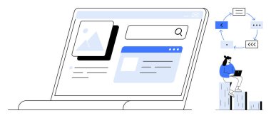 Web sitesi arayüzü ögeleri, arama çubuğu ve kullanıcı akışını gösteren dizüstü bilgisayar. İşlem simgelerinin yanında dizüstü bilgisayarla çalışan biri. Web geliştirme, UIUX tasarımı, iş akışı, dijital strateji için ideal