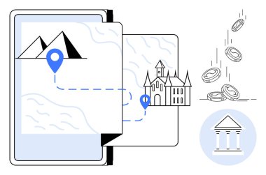 Seyahat işaretleriyle etkileşimli harita, dağ ve kaleyi birbirine bağlayan noktalı yol, banka simgesine düşen paralar. Seyahat, finans, planlama, teknoloji, turizm keşfi için ideal. Basit.