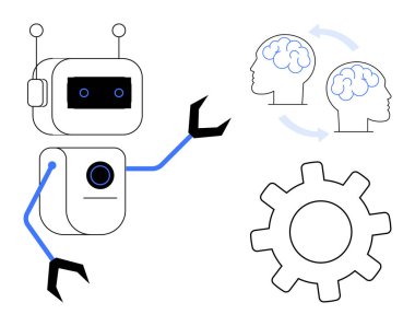 Parlak antenli ve mekanik kollu robot fikir alışverişinde bulunan iki kafaya ve bir vitese doğru hareket ediyor. Yapay zeka, otomasyon, makine öğrenimi, takım çalışması, bilgi paylaşımı, teknoloji ilerlemesi için ideal