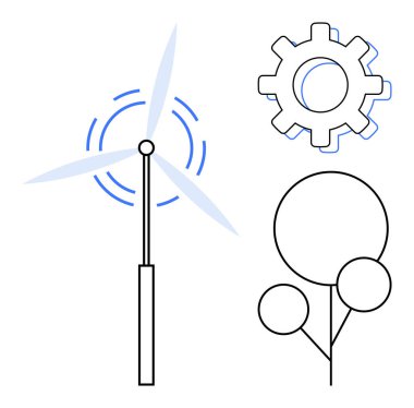 Rüzgar türbini enerji üretiyor, teçhizat teknolojiyi sembolize ediyor ve ağaç da doğayı temsil ediyor. Sürdürülebilirlik, çevre, yenilik, teknoloji, temiz enerji, ekolojik denge için ideal
