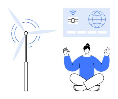 Rüzgâr türbini temiz enerji üretiyor, yoga pozisyonunda meditasyon yapan insan, kablosuz ve küresel bağlantıyla teknolojik arayüz. Sürdürülebilirlik, denge, teknoloji, farkındalık ve yenilenebilir enerji için ideal