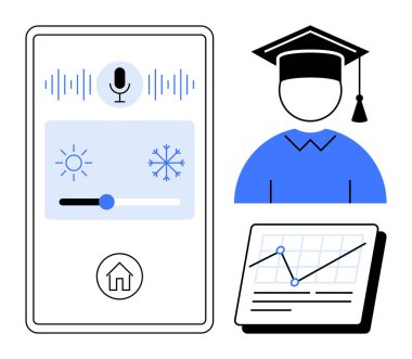 Sıcaklık kontrolü için mobil arayüz, yüksek lisans, teknoloji, eğitim için istatistikler, akıllı çözümler, e-öğrenme, veri analizleri, akıllı ev, yenilikçi düz metafor
