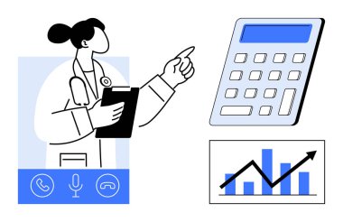 Video çağrısı, hesap makinesi ve yükselen grafikler sırasında doktor panoyu tutuyor. Teletıp, sağlık, finans, büyüme, verimlilik analiz işbirliği için ideal. Basit düz metafor