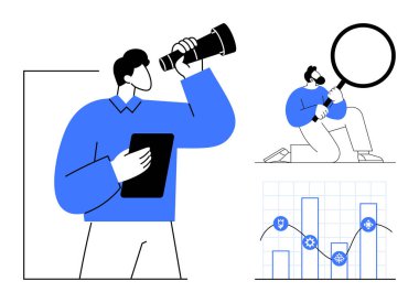 Teleskop ve tabletli kişi, büyüteçle takım arkadaşı, ikonlarla çizgi grafiği. Strateji, başarı, araştırma, analitik, vizyon ekip planlaması için ideal. Cesur ve basit düz bir metafor.