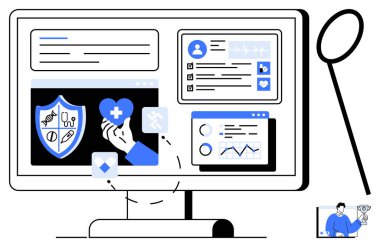 Sağlık verilerini, tıbbi arayüzü, kullanıcı bilgisini ve analitiği gösteren bilgisayar ekranı. Sağlık teknolojisi, tıbbi yenilik, dijital sağlık, teletıp, veri koruması için ideal