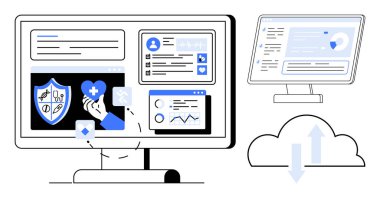 Bulut indirme ögesine sahip sağlık verileri, analitik ve kullanıcı profillerini gösteren bilgisayar ekranları. Teletıp, veri güvenliği, uzak hizmetler, yenilik, analitik ve sağlık için ideal